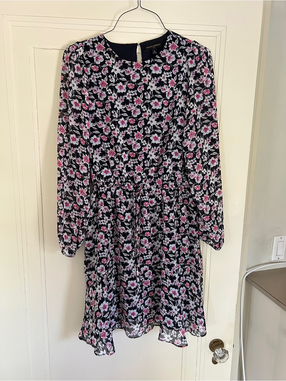 Banana Republic Navy Floral Long-Sleeve Dress with Pink Flowers